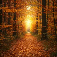  A scenic path winds through a forest dressed in vibrant autumn colors, evoking nostalgia and natural beauty.