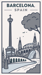 Barcelona in Bloom - A Minimalist Vintage Travel Poster