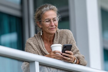 A mature woman savoring her coffee while using her smartphone on a balcony, blending modernity with tranquility in a calm, personal moment of enjoyment.
