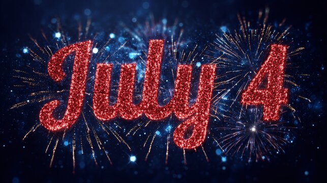 Sparkling july 4 text with vibrant fireworks on dark sky