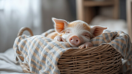 A fluffy piglet cuddled up in a wicker basket with a checkered cloth, perfect for a rural farm-themed nursery scene 