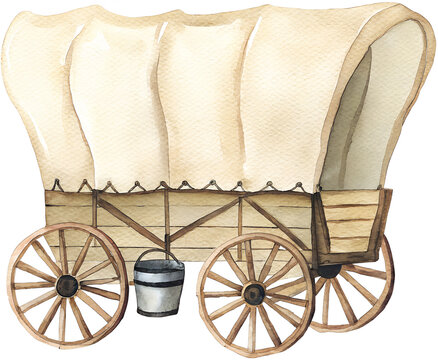 Watercolor covered wagon illustration on transparent background.