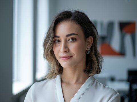 A woman in a white blouse stands in a modern office setting, smiling softly at the camera.