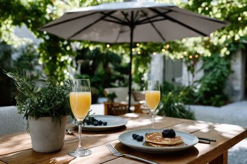 An inviting breakfast scene features pancakes and mimosas on a wooden table, surrounded by lush greenery and a relaxing atmosphere perfect for enjoying a sunny day.