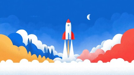 Retro rocket illustration launching through fluffy clouds against a blue sky, symbolizing adventure, exploration, and innovation in a whimsical design style