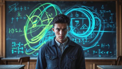 A student stands confidently in a classroom, with a chalkboard behind him displaying colorful mathematical symbols and geometric shapes, creating a surreal atmosphere of learning and creativity