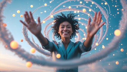 A joyful woman stands outdoors with her arms outstretched, surrounded by colorful circles and swirling clouds. The sky is painted in warm hues, creating a vibrant, surreal atmosphere