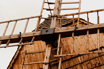 Detailed Close-Up of Horizontal Polish Slavic Windmill Blade Mechanism and Roof Joinery