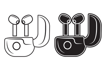 Earpiece, wireless headphone art silhouette vector with line art on white background