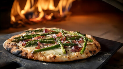 Freshly baked pizza topped with asparagus and bacon, presented in a rustic oven setting with a warm glow from the fire.