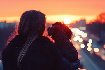 Woman Watching Sunset with Dog on City Street at Evening Light