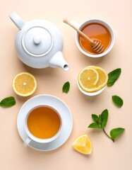 Refreshing tea arrangement with lemon, mint, honey, and a white teapot on a beige background