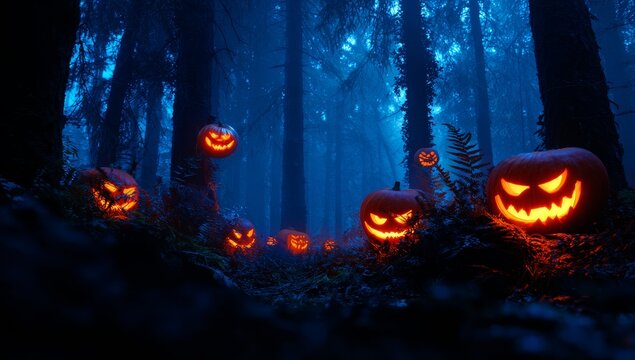 Enchanted Halloween Forest Jack-o'-lanterns Illuminate the Night