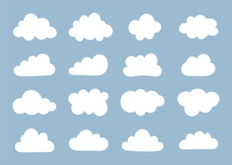 White clouds in blue sky. Puffy, fluffy, cumulus clouds on blue backdrop. Cloudy shapes pattern. Weather abstract elements template. Objects cloudscape.