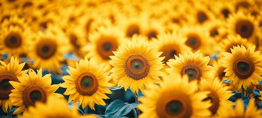 Scenic view of a vast field filled with rows of bright yellow sunflowers in full bloom during the warm summer season  This picturesque rural landscape showcases the beauty and abundance of nature