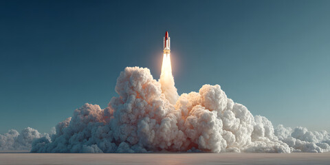 Rocket Ascent: A rocket streaks skyward, engulfed in a billowing cloud of smoke and fire, against a vast, azure canvas of the atmosphere, illustrating humanity's dreams and aspirations.