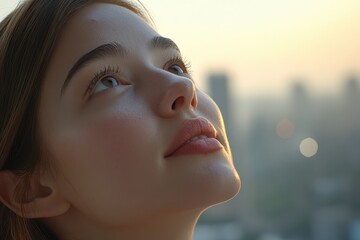 Young Woman Gazing Upwards with Hopeful Expression in Urban Setting