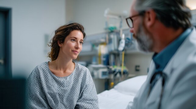 Female patient is engaged conversation with doctor clinical setting, showcasing moment of care and attention. atmosphere is calm and professional, highlighting importance of communication - Powered by Adobe
