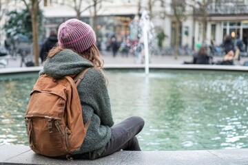 Young Woman Sitting by Fountain in Urban Park Setting