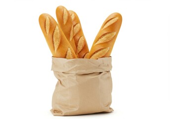 Three baguettes in a paper bag isolated on white background