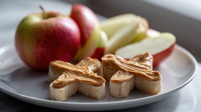 Close up of sliced apples and peanut butter bread, showcasing healthy snack. vibrant colors of apples contrast beautifully with creamy texture of peanut butter, creating inviting and nutritious - Powered by Adobe
