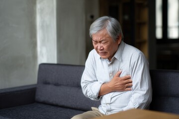 Elderly man is sitting on sofa, holding his chest with pained expression, indicating discomfort or distress. setting is calm and modern, enhancing emotional weight of moment