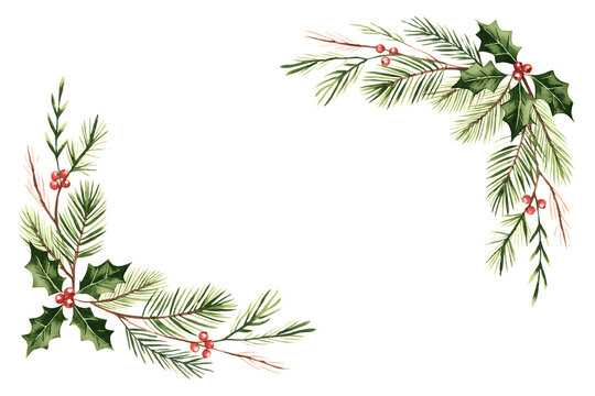 Watercolor christmas holly and pine wreath corner isolated on transparent background
