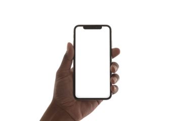 Hand holding smartphone with blank screen isolated on transparent background