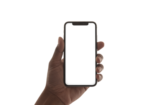 Hand holding smartphone with blank screen isolated on transparent background