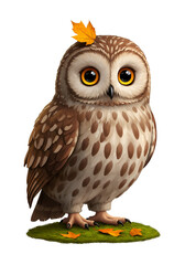 Fototapeta premium Cute owl with autumnal leaf resting on its head, standing on a patch of moss with fallen leaves. Wildlife subject with autumnal setting. Educational resource for children -