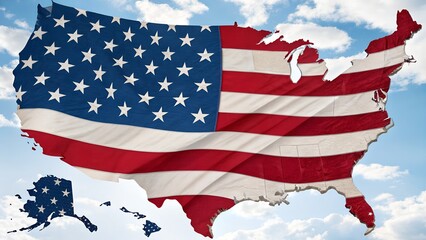 Obraz premium Patriotic U.S. Map with American Flag Overlay and Blue Sky Background Including Alaska and Hawaii