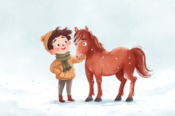 Winter Friendship Boy and Horse in Snowy Landscape Illustration