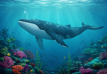 Fototapeta premium Humpback whale swimming amongst vibrant coral reef in the ocean. Majestic creature glides gracefully through the underwater world, showcasing diverse marine life and coral formations.