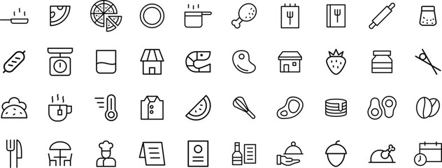 Food & Restaurant Line Icon Set – Kitchen Tools, Meals, Ingredients, and Dining Services