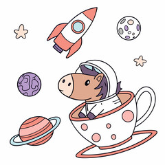 Delightful Silly Horse in a Space explorer scene with in a teacup – Cosmic Pastels vector illustration