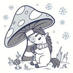 Charming SVG of a Relaxed Horse featuring under a mushroom, styled in a Cozy winter theme with Frosty Winter hues