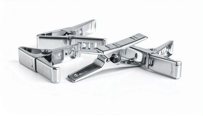 Metal alligator clips scattered flat on white background