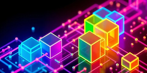 Obraz premium Isometric neon blocks forming abstract data structure, blockchain concept, data center, digital