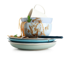 Many dirty dishes with spoon isolated on white background