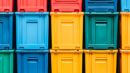 Colorful plastic storage bins neatly stacked in rows, showcasing vibrant red, blue, yellow, and green hues.