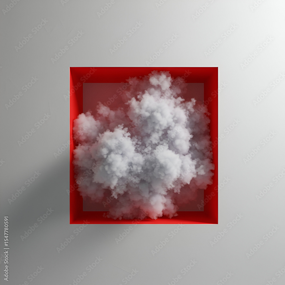 Fototapete abstract cloud formation in a red framed niche on a light gray wall. 3d rendered modern interior des