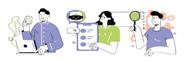 AI Robot  Assistant and Human Collaboration Illustration Set – Chatbot Support, Online Research, Virtual Helpdesk, Machine Learning Concept in Flat Modern Style.