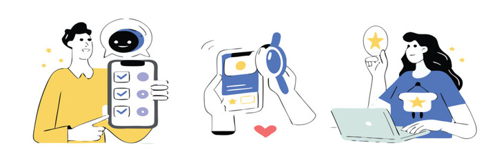 AI Robot  Assistant and Human Collaboration Illustration Set – Chatbot Support, Online Research, Virtual Helpdesk, Machine Learning Concept in Flat Modern Style.