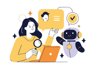 AI Robot  Assistant and Human Collaboration Illustration Set – Chatbot Support, Online Research, Virtual Helpdesk, Machine Learning Concept in Flat Modern Style.