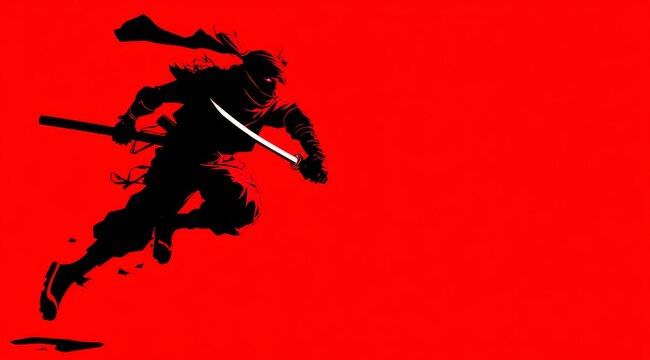 Fototapeta Red Silhouette Ninja Warrior Running with Katana Action Illustration
