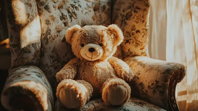 Light brown teddy bear sits in a floral armchair, bathed in sunlight