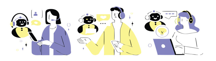 AI Robot  Assistant and Human Collaboration Illustration Set – Chatbot Support, Online Research, Virtual Helpdesk, Machine Learning Concept in Flat Modern Style.