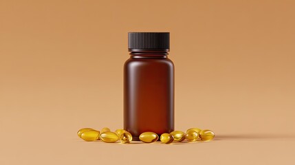 Amber Bottle with Golden Capsules on a Warm Brown Background