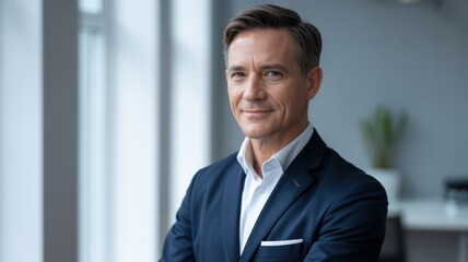 Fototapeta premium A man in a suit stands confidently in a modern office setting, looking directly at the camera.