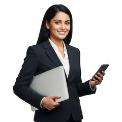 Smiling woman in a business suit holding a laptop and smartphone against a black background